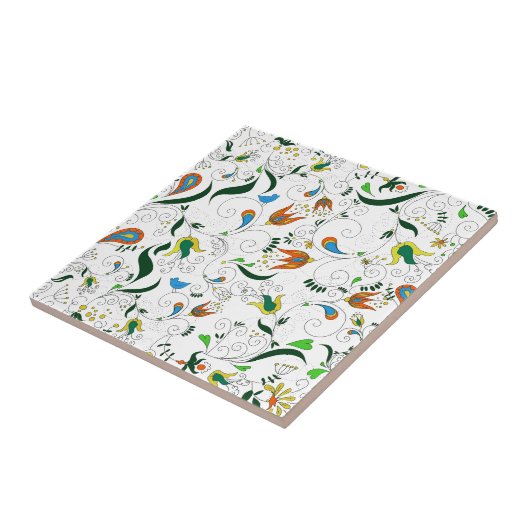 レトロのペイズリーの緑のオレンジ青い黄色 タイル (側面)