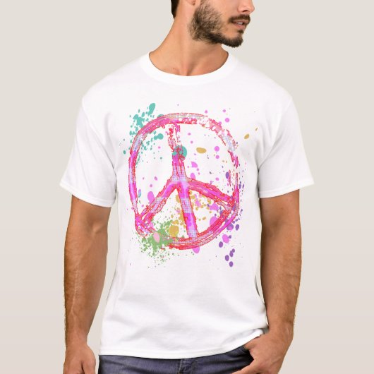 レトロのペンキの(ばちゃばちゃ)跳ねるのピースサイン Tシャツ (正面)