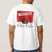 レトロのボーリングのワイシャツのスタイルのビンゴの広告のボウリングをする人、クリケットの投手 Tシャツ (裏面)