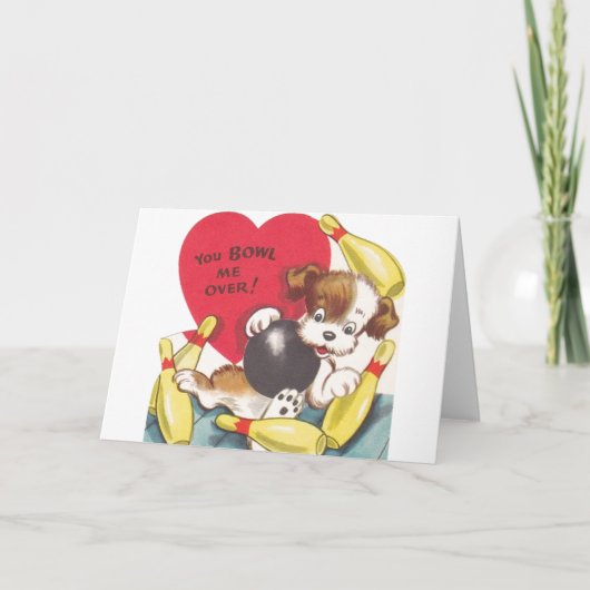 レトロのボーリングの子犬のバレンタインデーカード シーズンカード (正面)