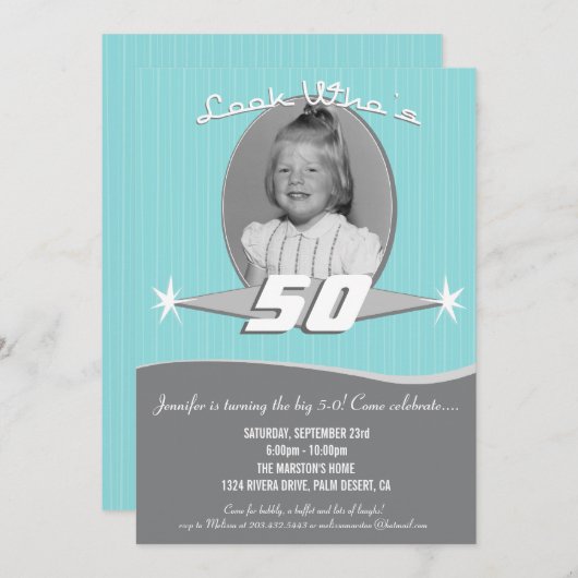 レトロのマイル標石の誕生会の写真の招待状 招待状 (正面/裏面)