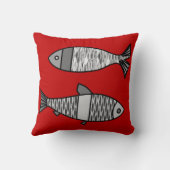 レトロのモダンな魚、深紅および灰色/灰色 クッション (裏面)