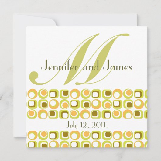 レトロのモノグラムの結婚式招待状のピンクのオレンジ 招待状 (正面)