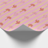 レトロのヤシの木とサボテンの黄ストライプ色 ラッピングペーパー (角)