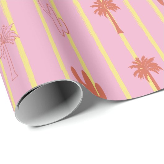 レトロのヤシの木とサボテンの黄ストライプ色 ラッピングペーパー (ロールコーナー)