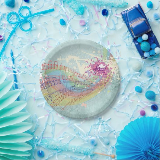 レトロのレインボーと音楽のノートが美しいテクスチャ ペーパープレート (パーティー)