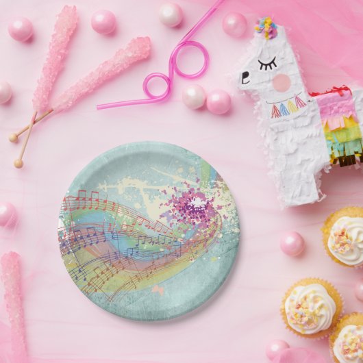 レトロのレインボーと音楽のノートが美しいテクスチャ ペーパープレート (パーティー)