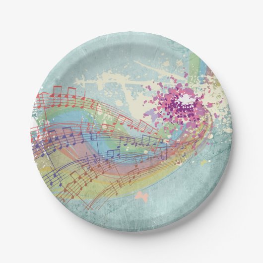 レトロのレインボーと音楽のノートが美しいテクスチャ ペーパープレート (正面)