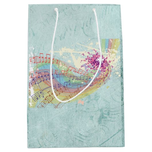 レトロのレインボーと音楽のノートが美しいテクスチャ ミディアムペーパーバッグ (正面)