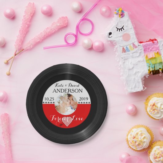 レトロのレコードの写真の後結婚式のパーティーのカスタム ペーパープレート (パーティー)