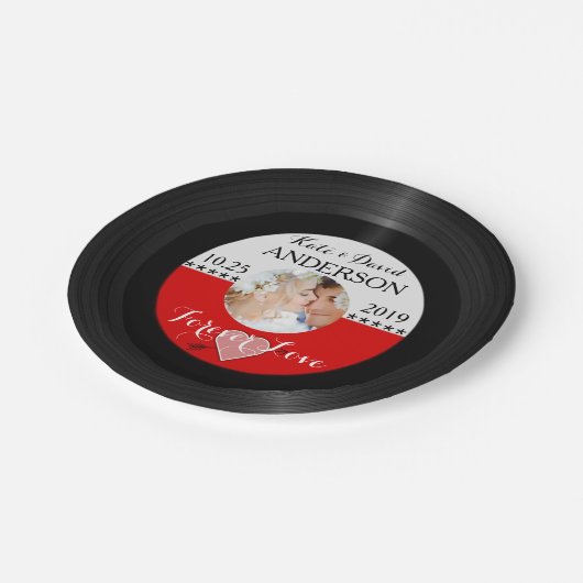 レトロのレコードの写真の後結婚式のパーティーのカスタム ペーパープレート (アングル)