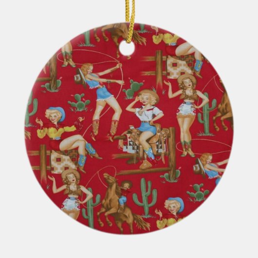 レトロのロデオの女性のカーボーイのクリスマスツリーのオーナメント セラミックオーナメント (正面)