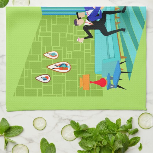 レトロのロマンチックで陽気なカップルの台所タオル キッチンタオル (折り畳み)