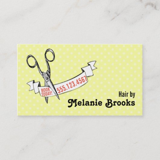 レトロのヴィンテージのかわいい美容師の黄色のはさみ 名刺 (正面)
