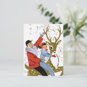 レトロのヴィンテージのクリスマスのトナカイの乗車の郵便はがき シーズンポストカード (スタンド正面)