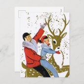 レトロのヴィンテージのクリスマスのトナカイの乗車の郵便はがき シーズンポストカード (正面/裏面)