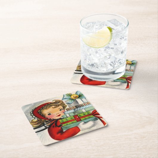 レトロのヴィンテージのクリスマスの女の子の休日のパーティのコースター スクエアペーパーコースター (インサイチュ)
