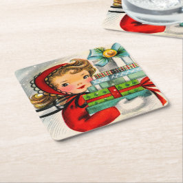 レトロのヴィンテージのクリスマスの女の子の休日のパーティのコースター スクエアペーパーコースター