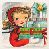 レトロのヴィンテージのクリスマスの女の子の休日のパーティのコースター スクエアペーパーコースター (正面)