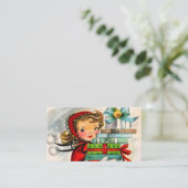 レトロのヴィンテージのクリスマスの女の子はメッセージカードを加えます 名刺 (スタンド正面)