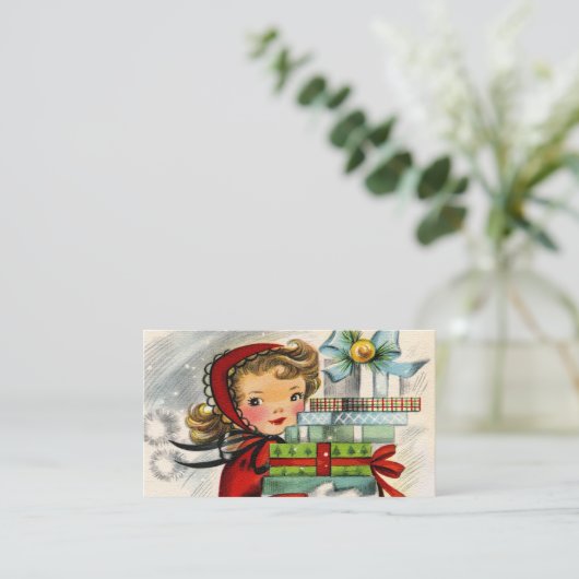 レトロのヴィンテージのクリスマスの女の子はメッセージカードを加えます 名刺 (スタンド正面)