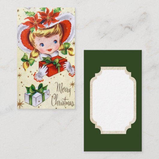 レトロのヴィンテージのクリスマスの女の子はメッセージカードを加えます 名刺 (正面/裏面)