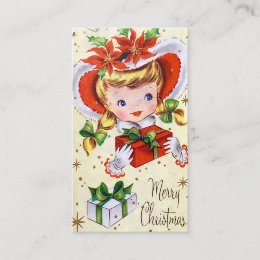 レトロのヴィンテージのクリスマスの女の子はメッセージカードを加えます 名刺 (正面)