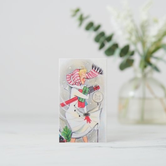 レトロのヴィンテージのクリスマスの女性はメッセージを加えます 名刺 (スタンド正面)