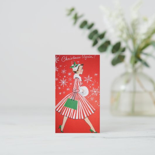 レトロのヴィンテージのクリスマスの女性はメッセージカードを加えます 名刺 (スタンド正面)