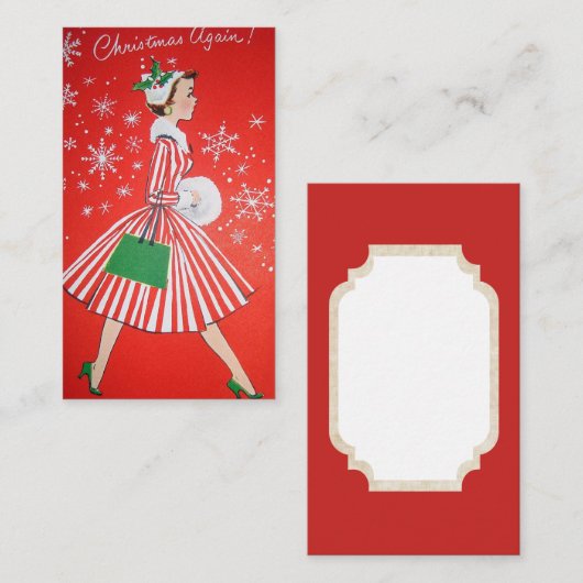 レトロのヴィンテージのクリスマスの女性はメッセージカードを加えます 名刺 (正面/裏面)