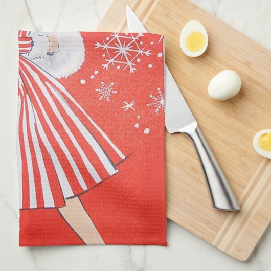 レトロのヴィンテージのクリスマスの女性台所タオル キッチンタオル (四つ折り)