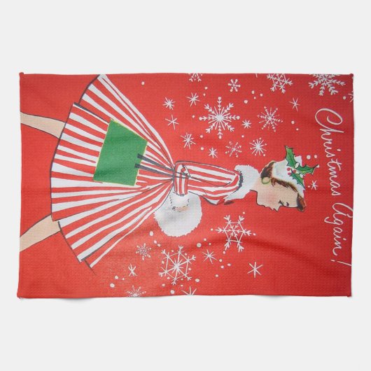 レトロのヴィンテージのクリスマスの女性台所タオル キッチンタオル (横)