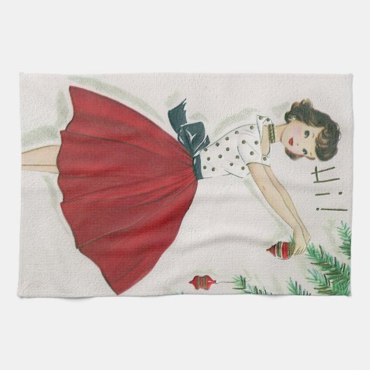 レトロのヴィンテージのクリスマスの女性Holiday台所タオル キッチンタオル (横)