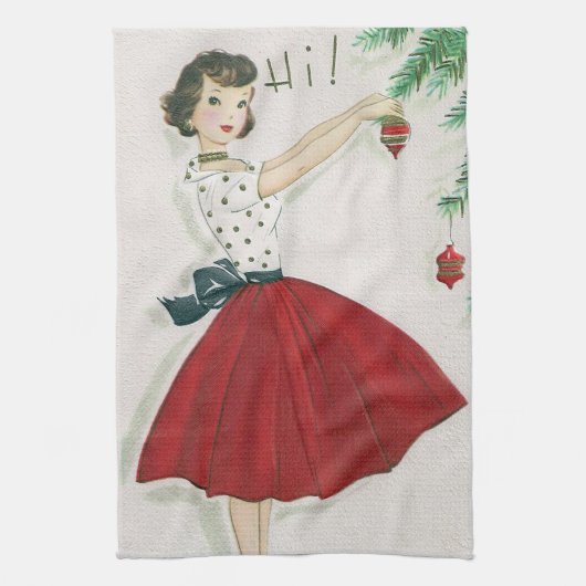 レトロのヴィンテージのクリスマスの女性Holiday台所タオル キッチンタオル (縦)