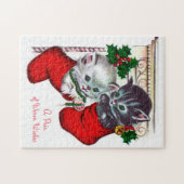 レトロのヴィンテージのクリスマスの子ネコカードパズル ジグソーパズル (横)