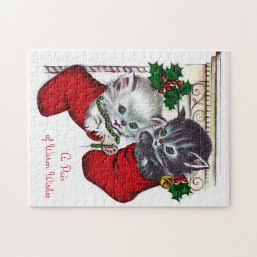 レトロのヴィンテージのクリスマスの子ネコカードパズル ジグソーパズル (横)