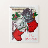 レトロのヴィンテージのクリスマスの子ネコカードパズル ジグソーパズル (縦)