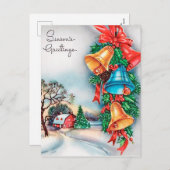 レトロのヴィンテージのクリスマスの鐘突き堂の郵便はがき シーズンポストカード (正面/裏面)