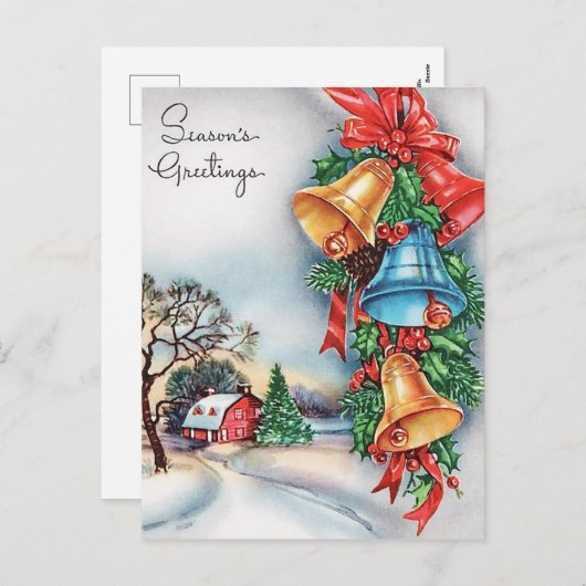 レトロのヴィンテージのクリスマスの鐘突き堂の郵便はがき シーズンポストカード (正面/裏面)