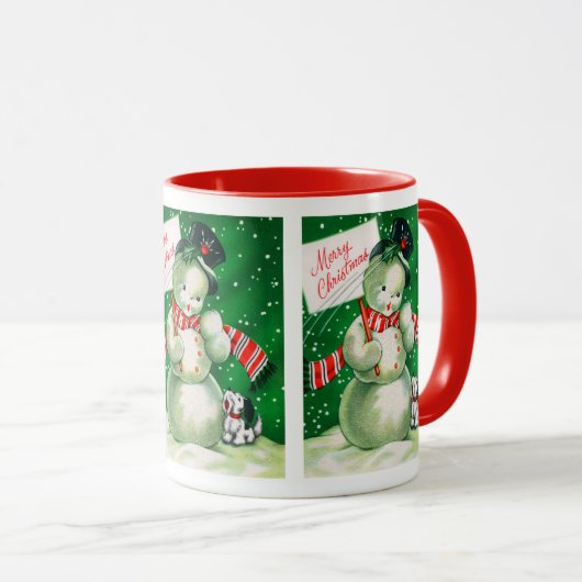 レトロのヴィンテージのクリスマスの雪だるまの休日のマグ マグカップ (正面右)
