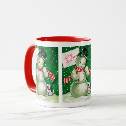 レトロのヴィンテージのクリスマスの雪だるまの休日のマグ マグカップ (正面左)