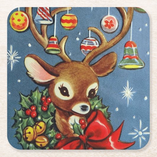 レトロのヴィンテージのクリスマスのreindeetのパーティーのコースター スクエアペーパーコースター (正面)