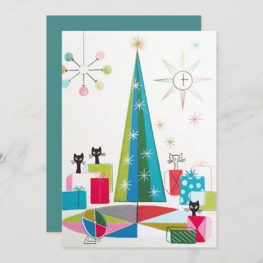 レトロのヴィンテージのクリスマス猫はメッセージカードを加えます シーズンカード (正面/裏面)