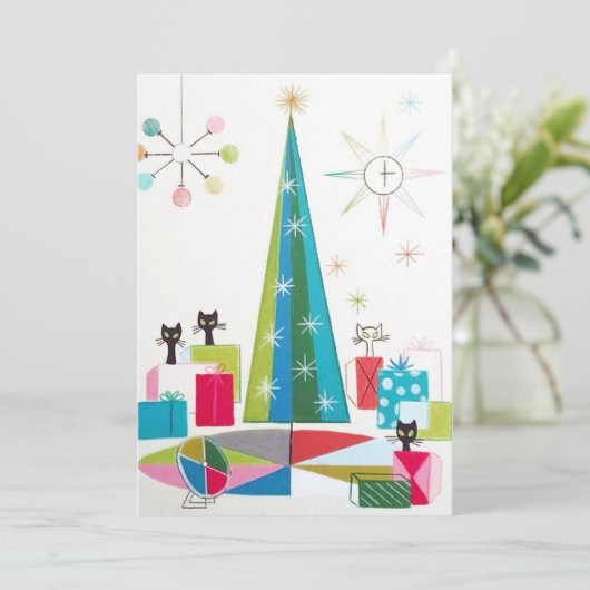 レトロのヴィンテージのクリスマス猫はメッセージカードを加えます シーズンカード (スタンド正面)