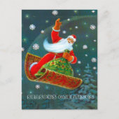 レトロのヴィンテージのクリスマス、サンタの魔法のカーペット シーズンポストカード (正面)