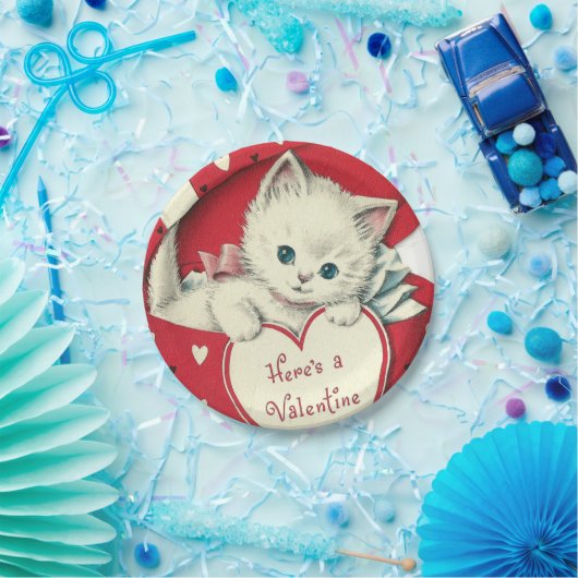 レトロのヴィンテージのバレンタイン猫の休日のパーティ ペーパープレート (パーティー)