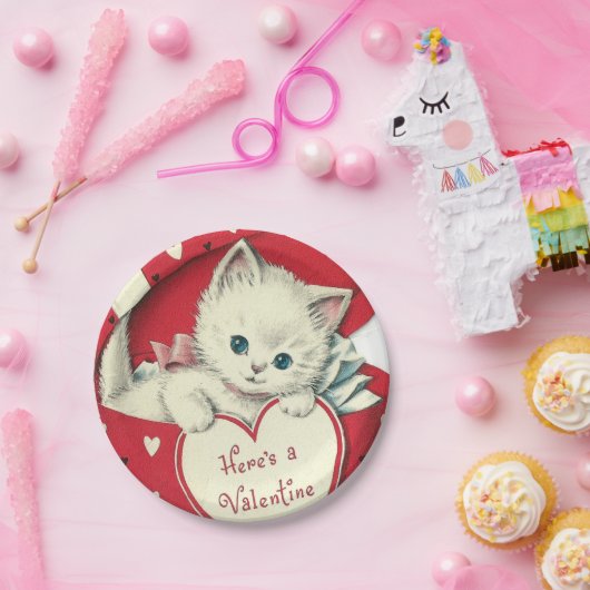 レトロのヴィンテージのバレンタイン猫の休日のパーティ ペーパープレート (パーティー)