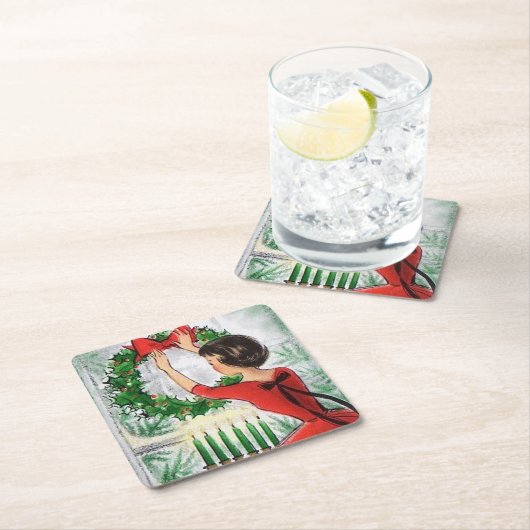 レトロのヴィンテージの女性クリスマス・パーティのコースター スクエアペーパーコースター (インサイチュ)