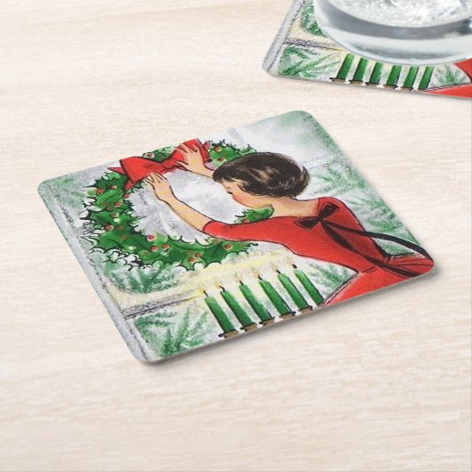 レトロのヴィンテージの女性クリスマス・パーティのコースター スクエアペーパーコースター (アングル)