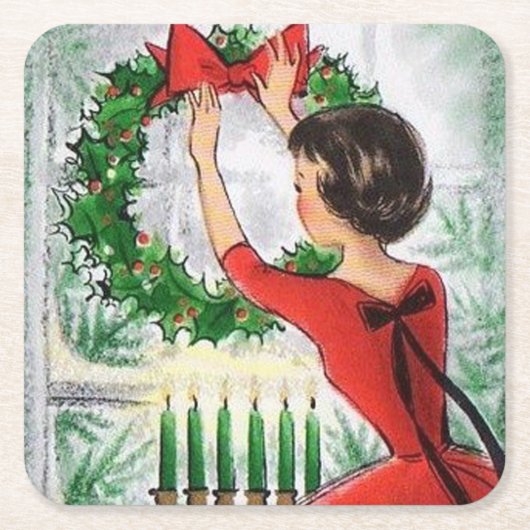 レトロのヴィンテージの女性クリスマス・パーティのコースター スクエアペーパーコースター (正面)